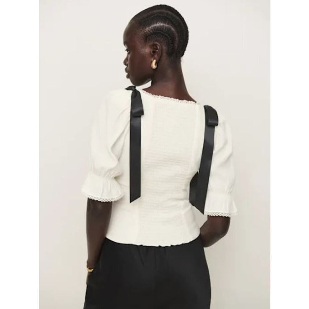 Reformation Inara Top Cropped Smocked Lace Trim Bow Shoulders Gossamer Size 6 - Picture 6 of 8